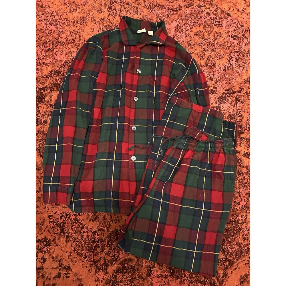 Vintage L.L. Bean Men's Pajamas Flannel Red Green Plaid Set XLT Pockets Cotton